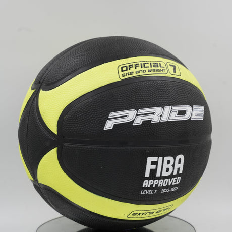 of the official size and weight text on the high-quality black and yellow Pride basketball.