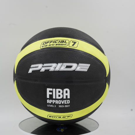 Front view of the Pride size 7 basketball in black and neon yellow, featuring the FIBA Approved logo and Extra Grip text.
