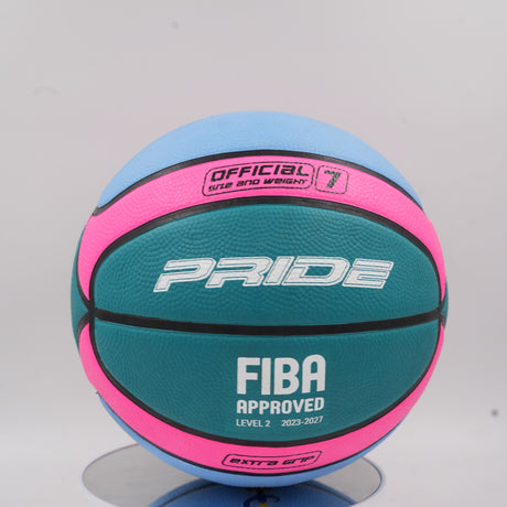 Front view of the vibrant Pride size 7 basketball featuring a unique light blue, bright pink, and teal design with the white FIBA Approved logo.