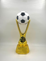 Gold trophy with a black and white soccer ball on top against a white background.