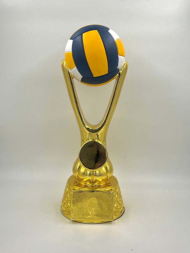 Gold trophy with a blue and yellow volleyball on top against a white background.