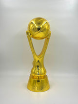 Gold basketball trophy with a black base on a white background.