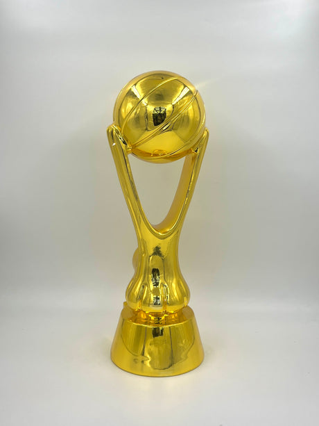 Gold basketball trophy with a black base on a white background.
