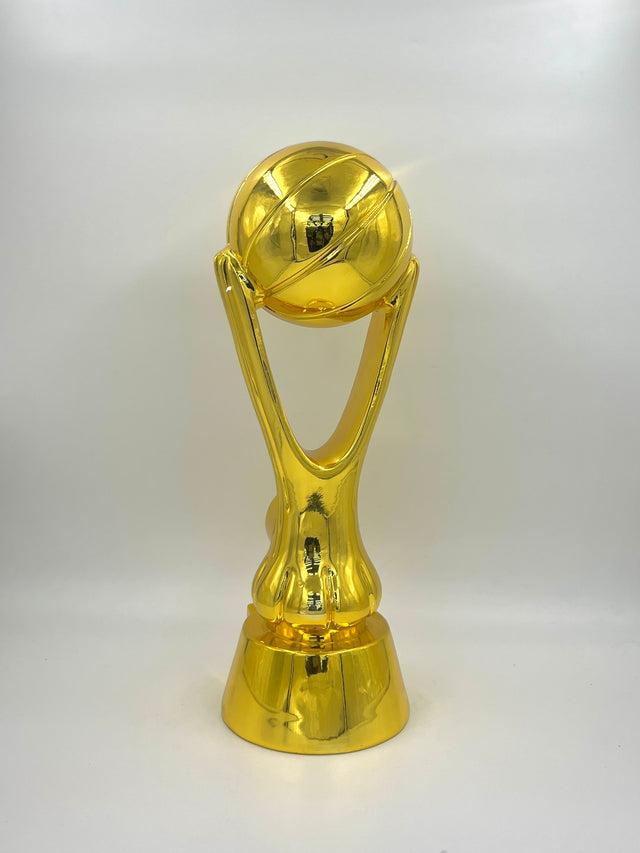 Gold basketball trophy with a black base on a white background.
