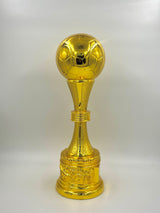 Tall, ornate gold trophy with a smooth ball top on a white background.