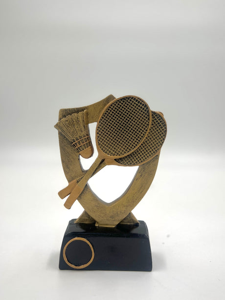 Bronze trophy featuring two crossed tennis rackets on a black base.