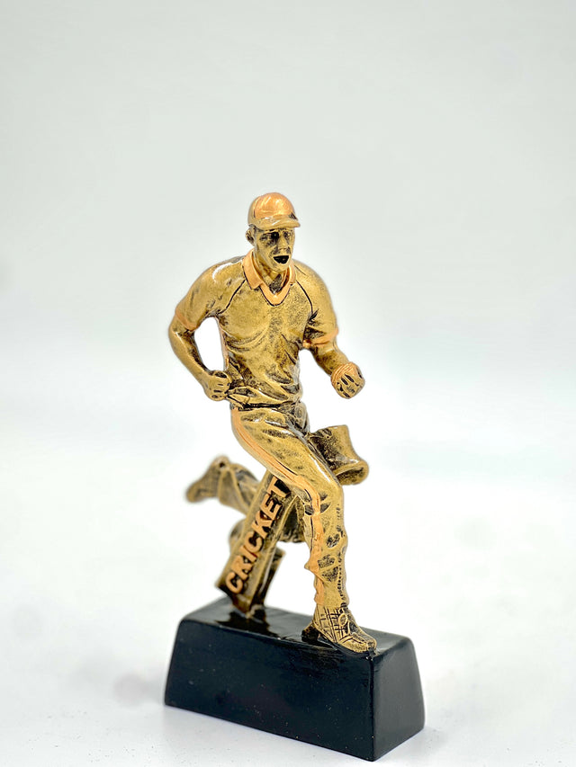 Gold trophy with a blue, yellow, and white volleyball on top against a white background.