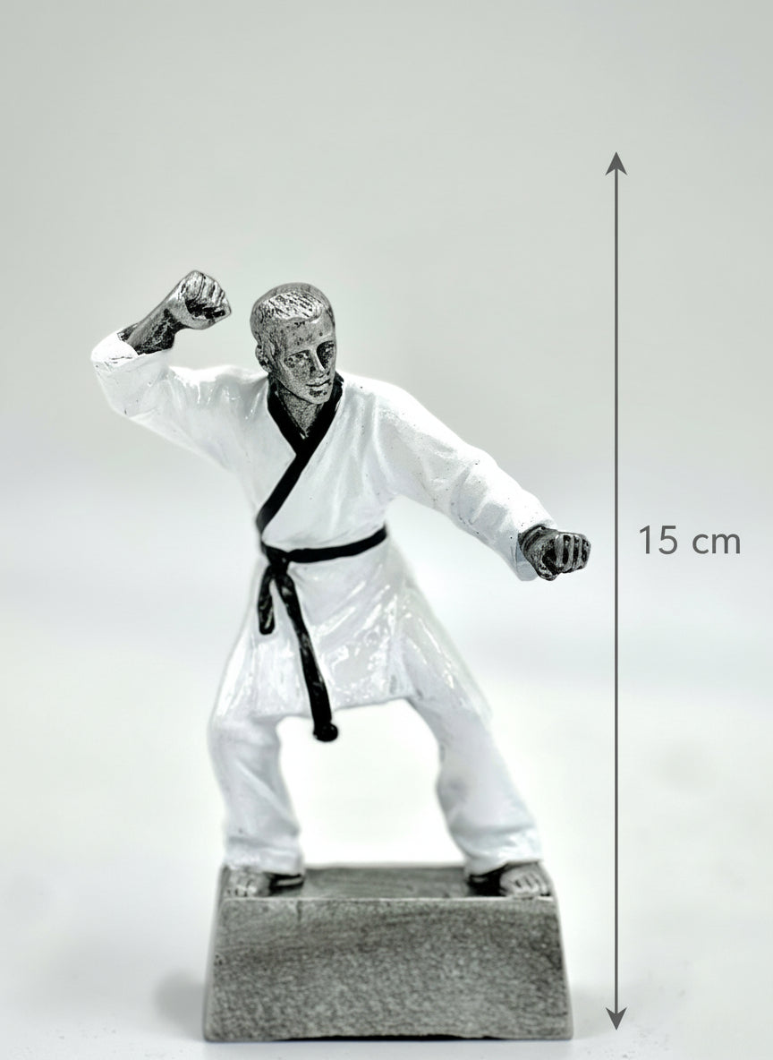 Statue of a martial artist in a white uniform with a black belt on a gray base against a white background