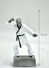 Statue of a martial artist in a white uniform with a black belt on a gray base against a white background