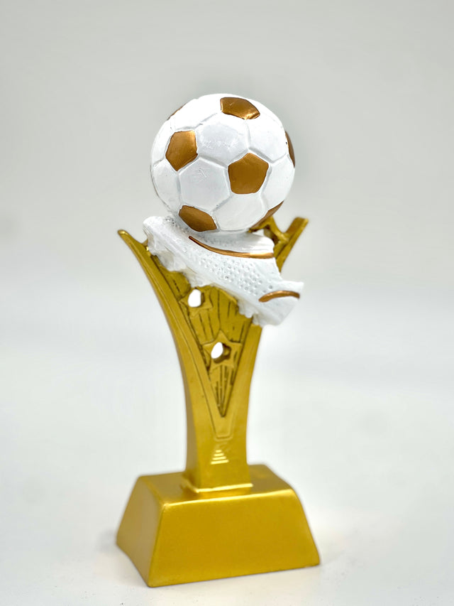 Gold trophy with a black and white soccer ball on top against a white background.