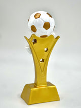 Dynamic gold football award with a realistic paneled ball and decorative riser.