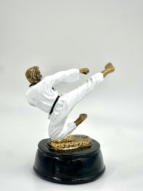 Detailed pewter-finish figure of a Karate/Taekwondo master on a black base.