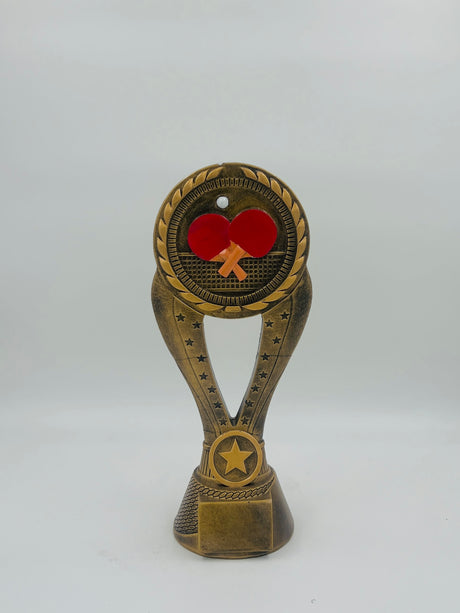 Bronze table tennis trophy award with detailed, textured base and an emblem featuring a red ping pong paddle and ball on a white background.