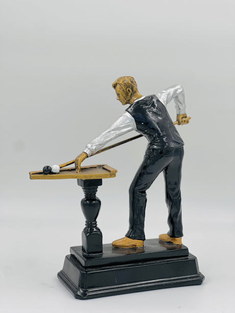 Detailed silver and bronze award for Pool Champion or Best Player, capturing a realistic shooting posture on a black base.