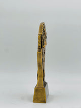  side view of a Detailed bronze resin badminton trophy featuring a red racket, shuttlecock, and net motif, suitable for small awards.