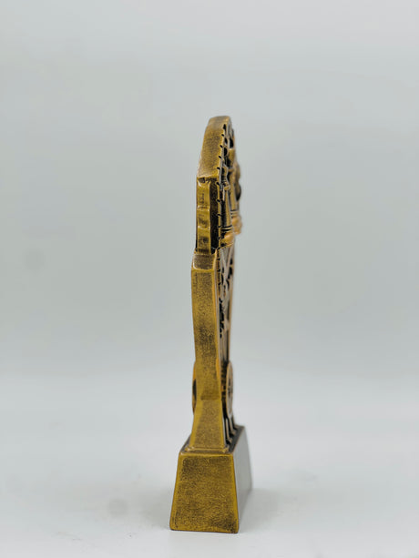  side view of a Detailed bronze resin badminton trophy featuring a red racket, shuttlecock, and net motif, suitable for small awards.