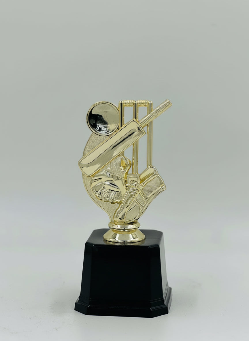 Small, resin-cast gold cricket award on a black plinth, ideal for club, school, or corporate cricket competition recognition.