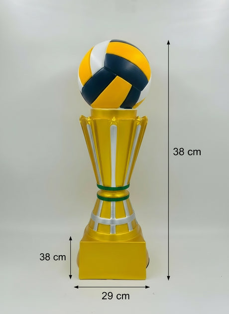 Giant yellow and black volleyball champion's trophy (approx. 38cm tall)—the ultimate award for a team MVP or league victory.