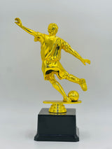 Dynamic gold football award figure in a strong shooting posture, perfect for top goal scorer, MVP, or tournament champion recognition.