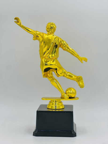 Dynamic gold football award figure in a strong shooting posture, perfect for top goal scorer, MVP, or tournament champion recognition.