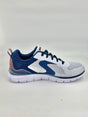 "White and blue athletic shoe with orange and silver accents, featuring a breathable mesh upper and a white cushioned sole, presented on a light gray background."