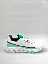 "Eco Walk running shoes in white and green, ideal for daily runs,"