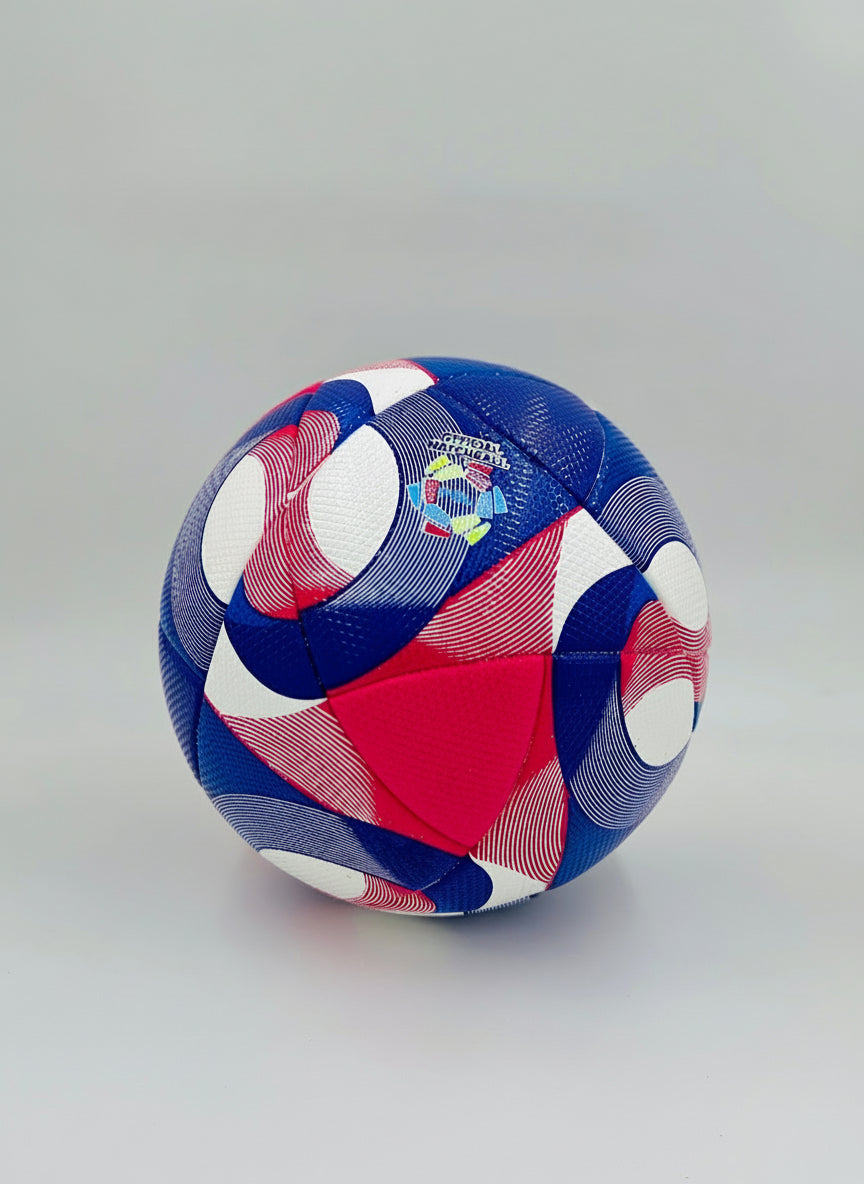 Colorful soccer ball with geometric pattern on a gray background