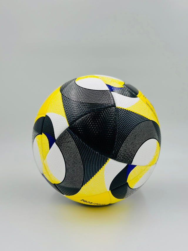 Multicolored soccer ball on a gray background