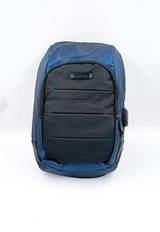 Durable navy blue and black backpack with multiple compartments for work, school, or travel.