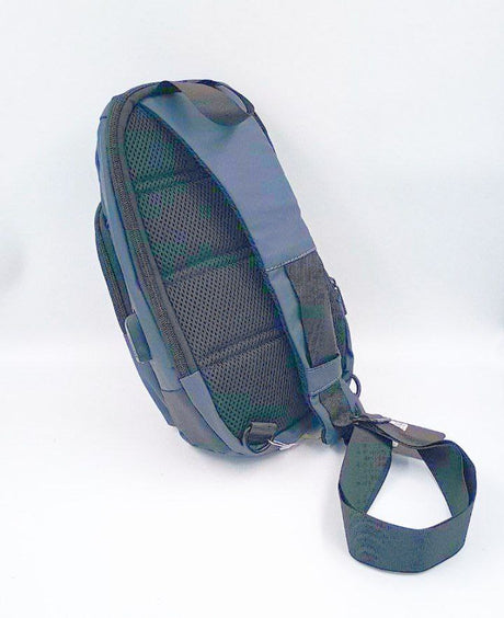 Blue multi-purpose laptop backpack with front zipper pocket on a white background.