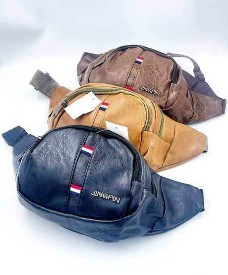 Set of three leather-look waist bags (fanny packs) in black, brown, and tan with visible logo, worn for travel or running.