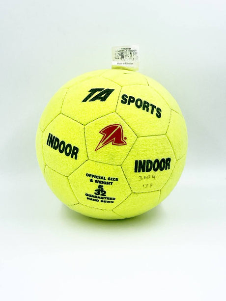 Yellow indoor sports ball with branding on a white background