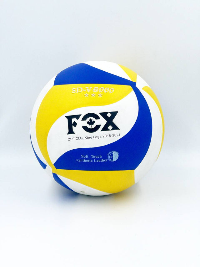 Fox volleyball with blue and yellow design on a white background