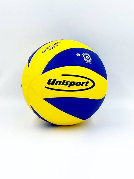 Yellow and blue volleyball with Unisport branding on a white background