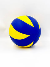 Blue and yellow striped ball on a white background